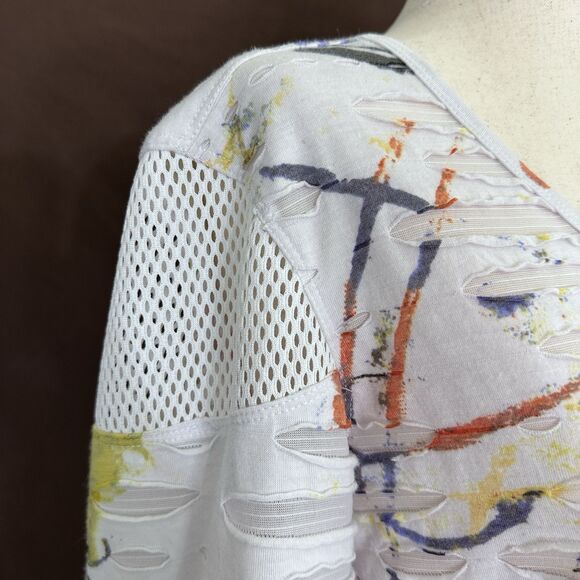 Ali Miles Tunic Top MEDIUM Distressed Abstract Spatter White Mesh Accents - Picture 5 of 9